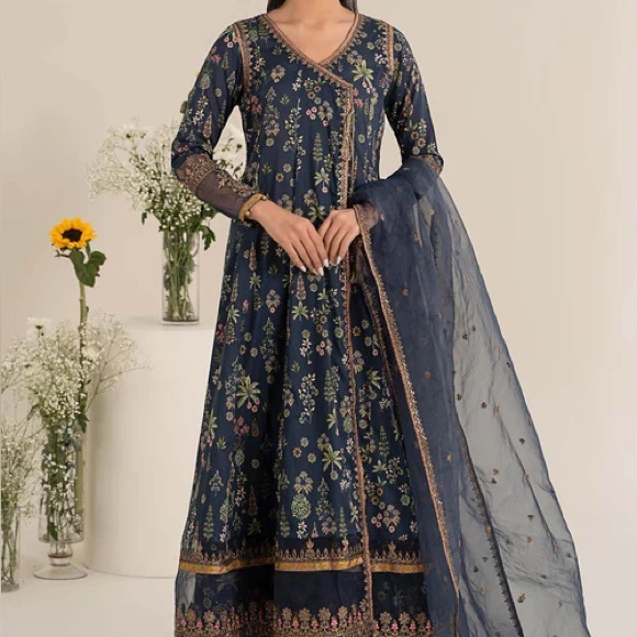 Maria B Other - Elegant Navy Blue Floral Lehenga with Sheer Dupatta